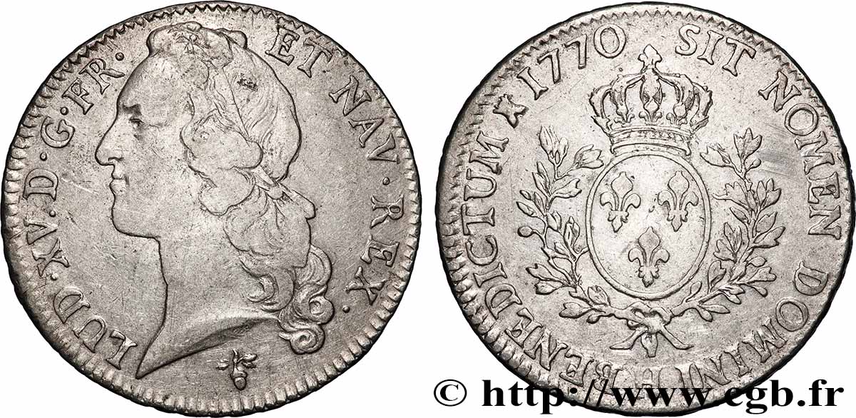 LOUIS XV DIT LE BIEN AIMÉ Écu aux branches d’olivier, tête ceinte d’un bandeau 1770 La Rochelle TTB