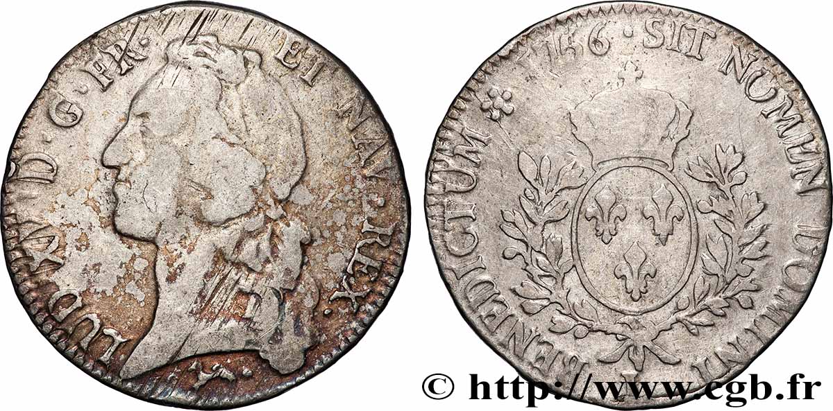 LOUIS XV &nbsp;THE WELL-BELOVED&nbsp; Écu aux branches d’olivier, tête ceinte d’un bandeau 1756 Bayonne VF