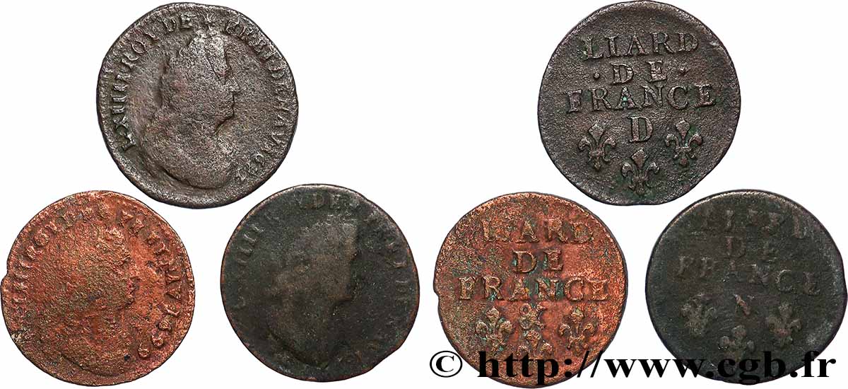 LOUIS XIV &nbsp;THE SUN KING&nbsp; Liard, 3e type, buste âgé, lot de 3 ex. s.m. Ateliers divers lot
