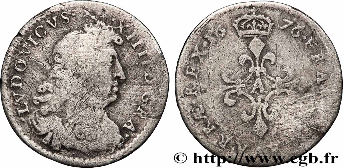 LOUIS XIV &nbsp;THE SUN KING&nbsp; Quatre sols à la croix formée de lis 1676 Paris S