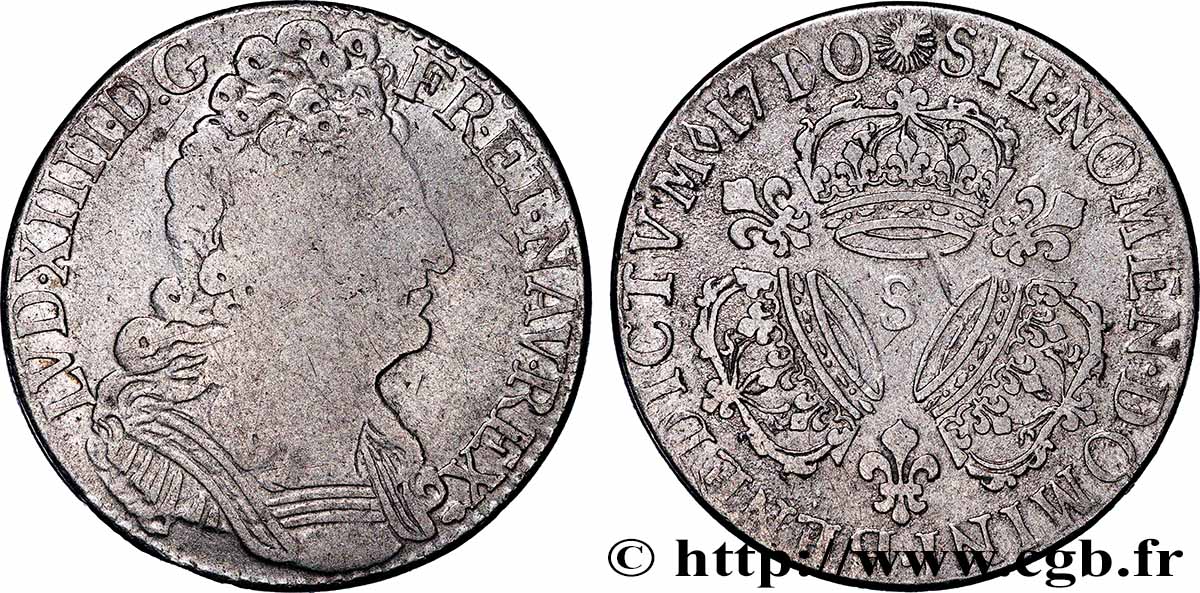 LOUIS XIV &nbsp;THE SUN KING&nbsp; Demi-écu aux trois couronnes 1710 Reims VF/VF