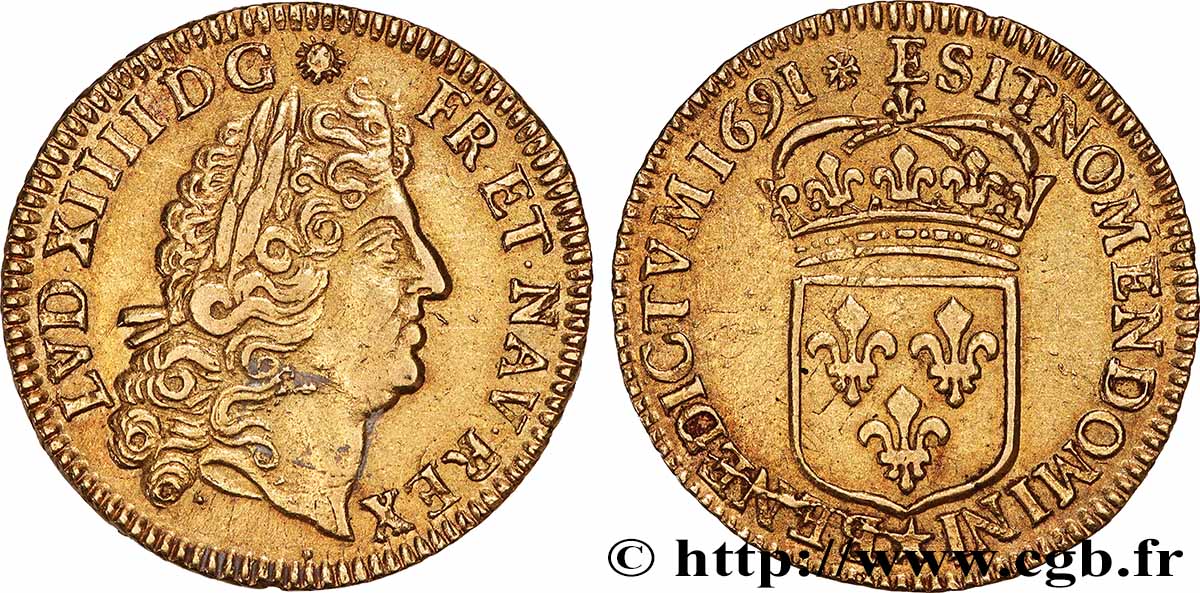 LOUIS XIV LE GRAND OU LE ROI SOLEIL Louis d or à l écu 1691 Tours TTB+/SUP