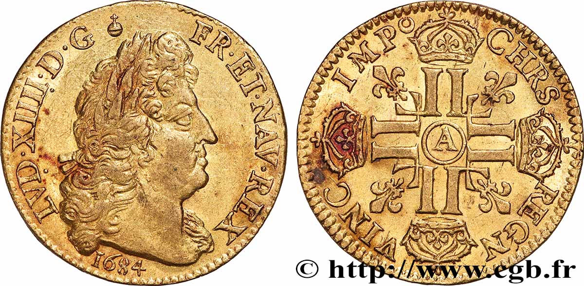 LOUIS XIV &nbsp;THE SUN KING&nbsp; Louis d’or aux huit L, portrait à la tête âgée et laurée 1684 Paris AU/MS