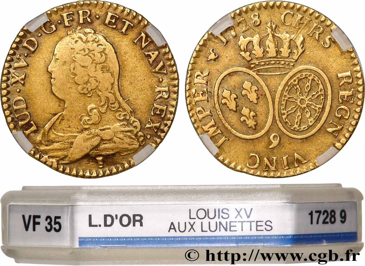 LOUIS XV THE BELOVED Louis d&nbsp;or aux écus ovales, buste habillé 1728 Rennes VF35