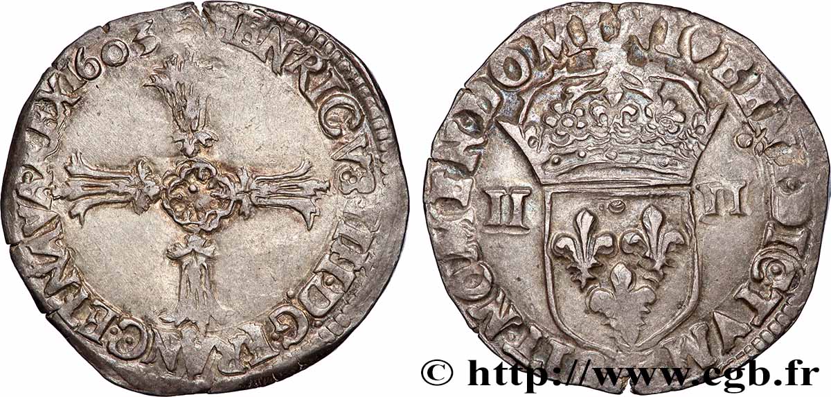 HENRY IV Quart d&nbsp;écu, croix feuillue de face 1603 Nantes AU