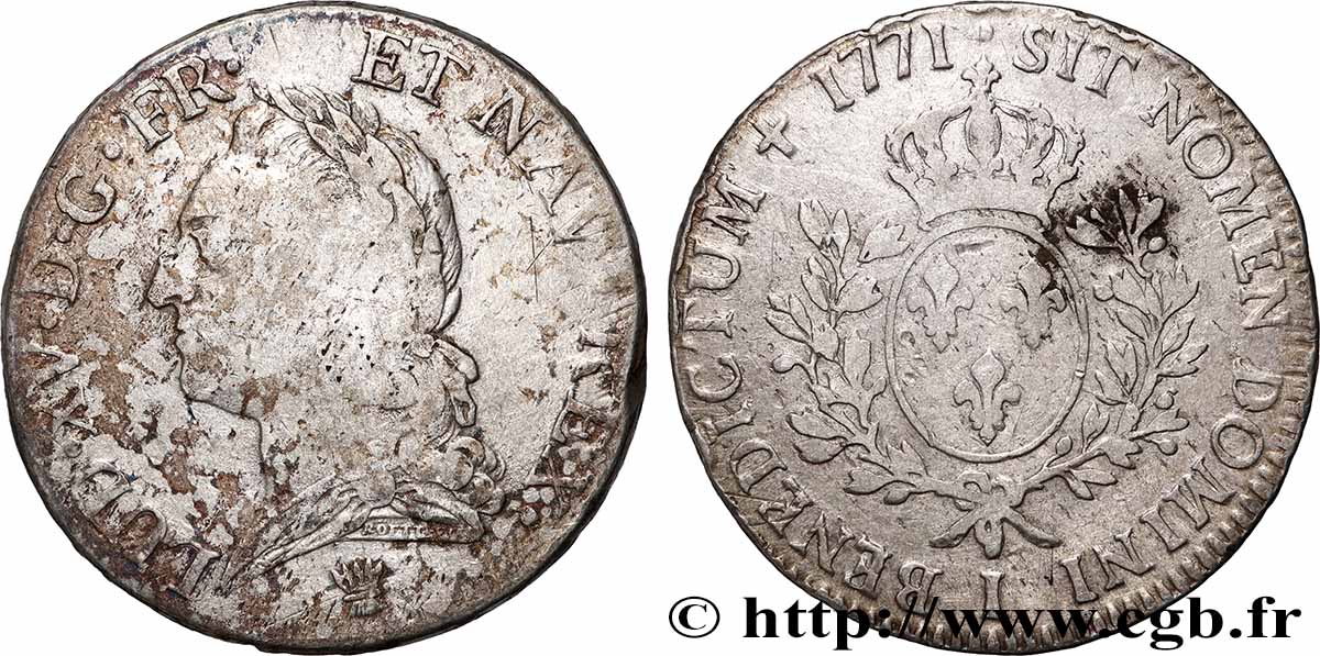 LOUIS XV DIT LE BIEN AIMÉ Écu aux branches d’olivier, buste lauré 1771 Limoges TB+