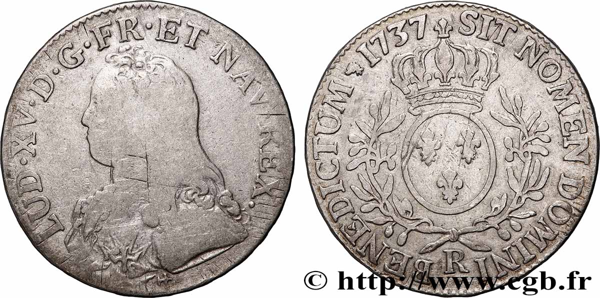 LOUIS XV &nbsp;THE WELL-BELOVED&nbsp; Écu aux branches d&nbsp;olivier, buste habillé 1737 Orléans VF