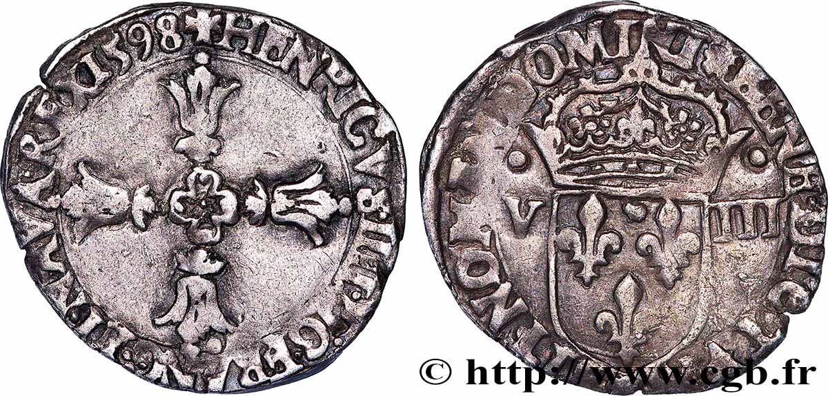 HENRI IV LE GRAND Huitième d&nbsp;écu, croix feuillue de face 1598 Nantes TTB