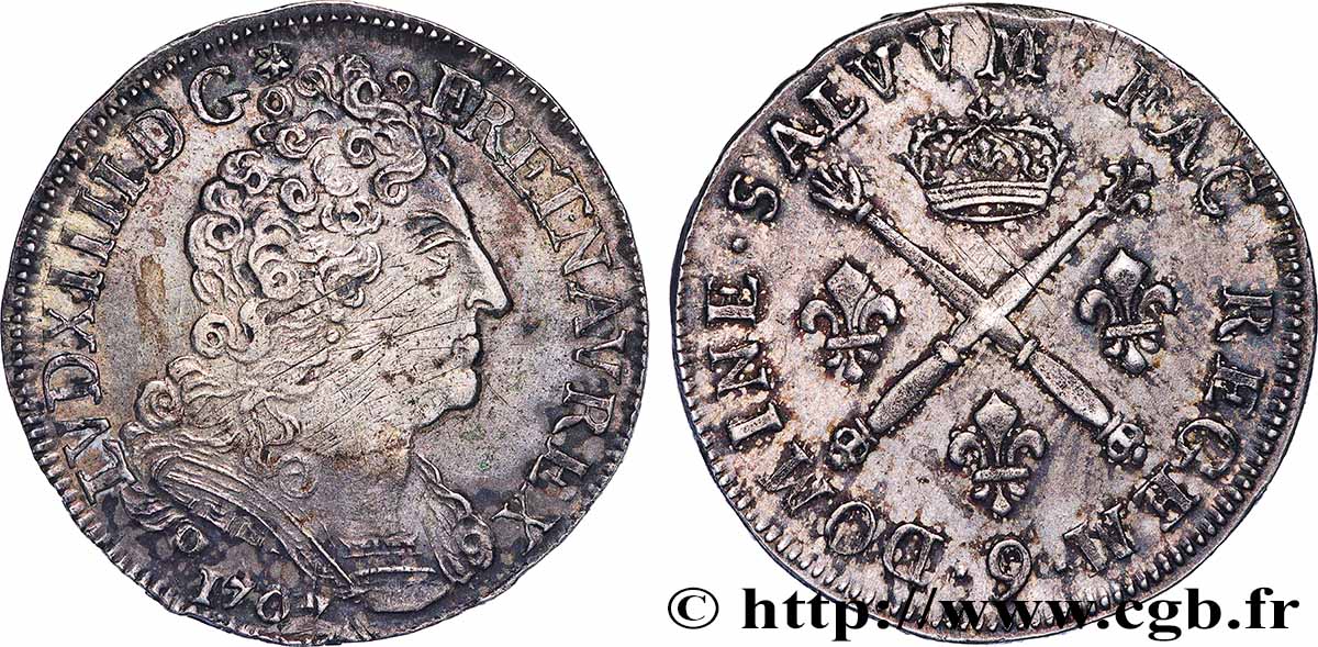 LOUIS XIV &nbsp;THE SUN KING&nbsp; 20 sols aux insignes 1707 Rennes SS/fVZ