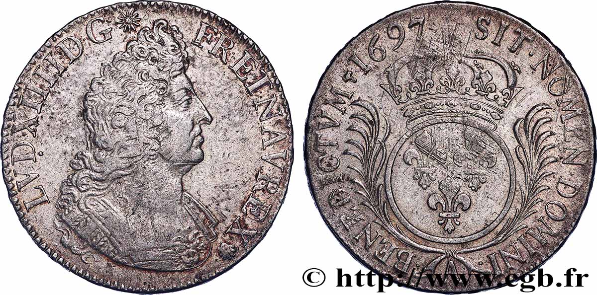 LOUIS XIV &nbsp;THE SUN KING&nbsp; Écu aux palmes 1697 Paris SS