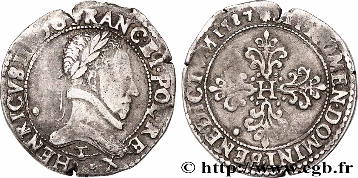 HENRI III Demi-franc au col plat 1587 Nantes TB+/TTB