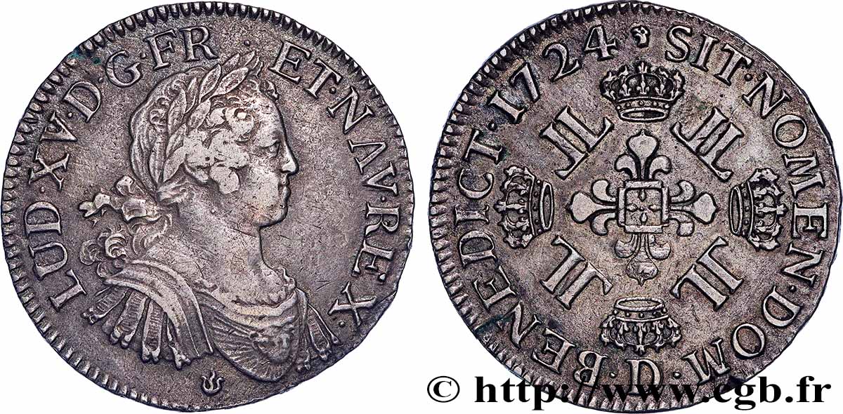 LOUIS XV &nbsp;THE WELL-BELOVED&nbsp; Écu à la croix fleurdelisée couronnée et aux huit L 1724 Lyon q.SPL