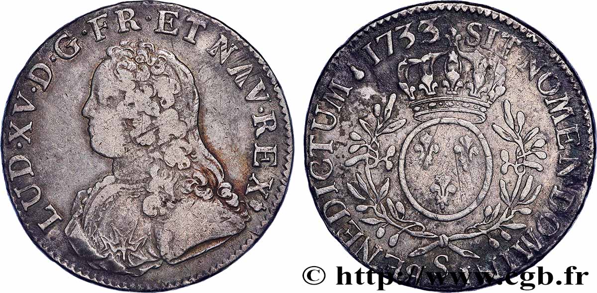 LOUIS XV &nbsp;THE WELL-BELOVED&nbsp; Écu aux branches d&nbsp;olivier, buste habillé 1733 Reims fSS/SS