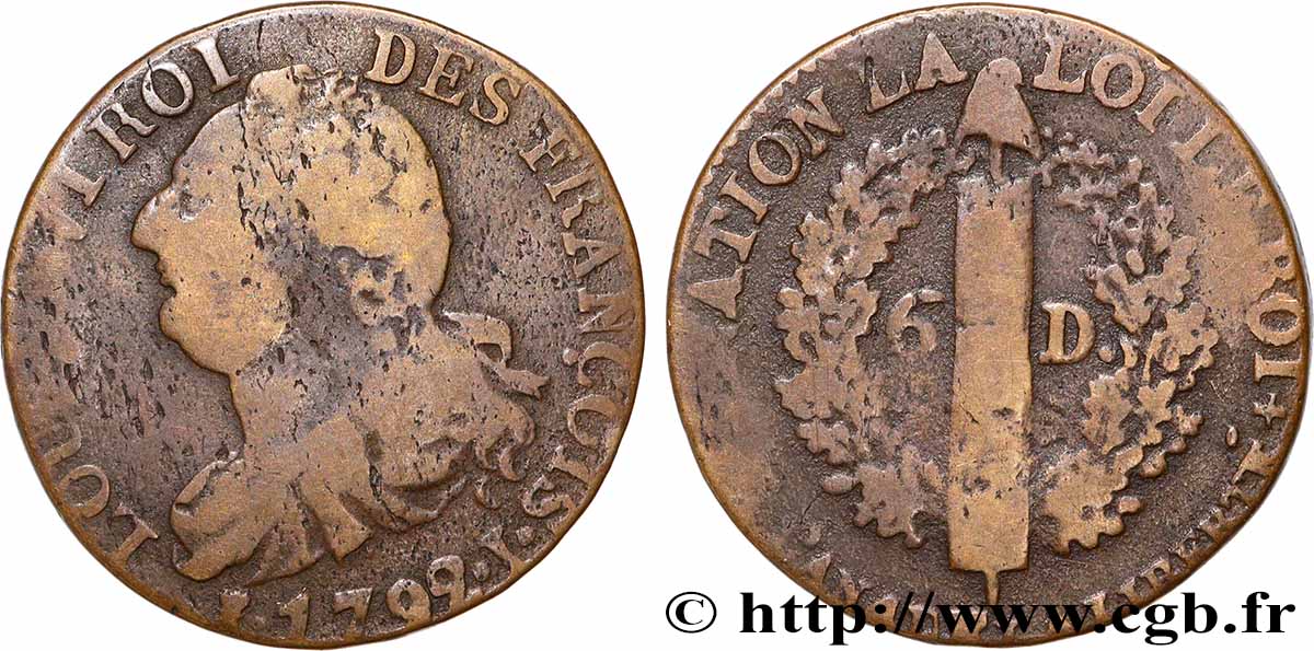 LOUIS XVI 6 deniers dit &nbsp;au faisceau&nbsp;, type FRANÇOIS 1792 Limoges VF