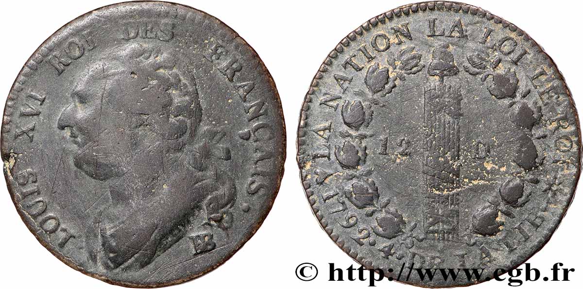 LOUIS XVI 12 deniers dit &nbsp;au faisceau&nbsp;, type FRANÇAIS 1792 Strasbourg BC