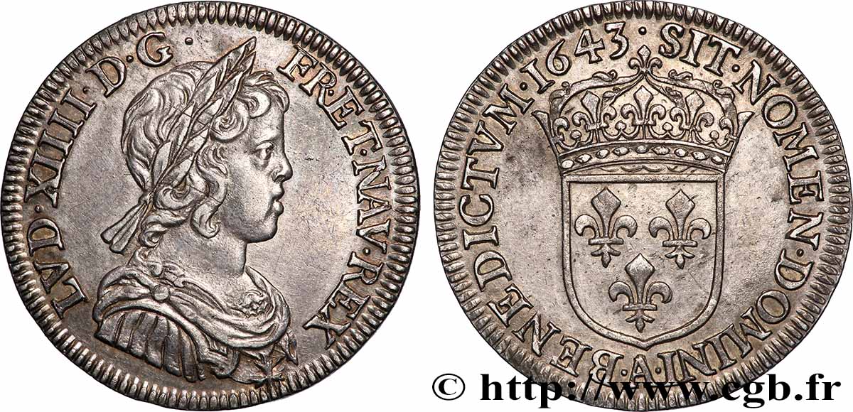 LOUIS XIV &nbsp;THE SUN KING&nbsp; Quart d&nbsp;écu, portrait à la mèche courte 1643 Paris, Monnaie du Louvre fVZ/VZ