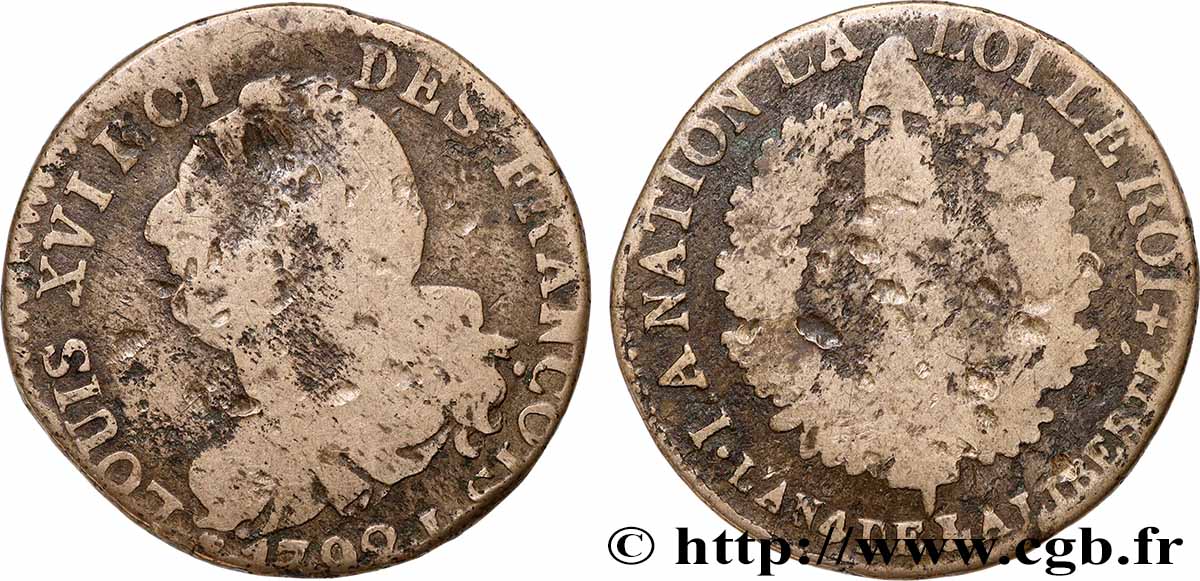 LOUIS XVI 6 deniers dit &nbsp;au faisceau&nbsp;, type FRANÇOIS 1792 Limoges VF