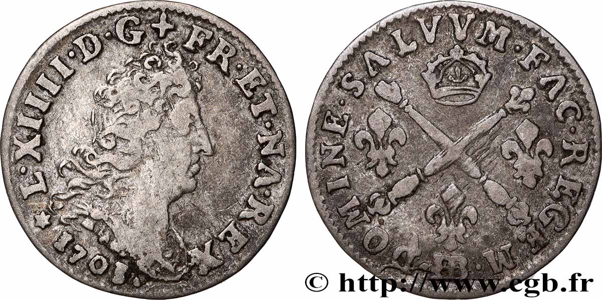 LOUIS XIV LE GRAND OU LE ROI SOLEIL Cinq sols aux insignes 1703 Strasbourg TB+