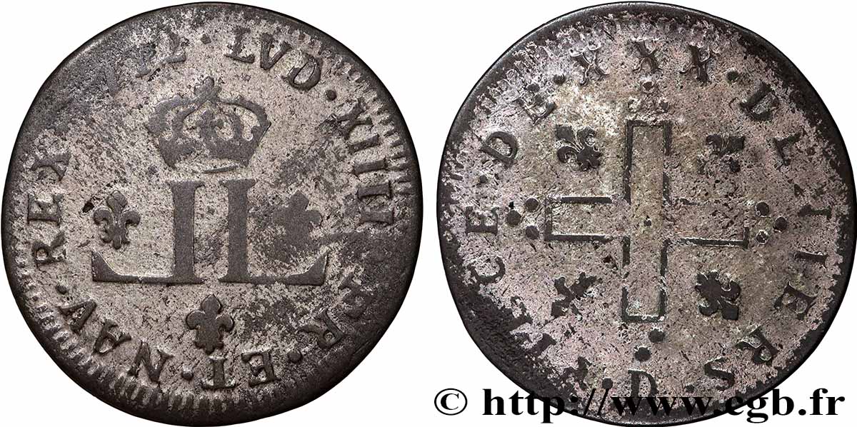 LOUIS XIV &nbsp;THE SUN KING&nbsp; XXX deniers aux 2 L couronnées 1712 Lyon VF