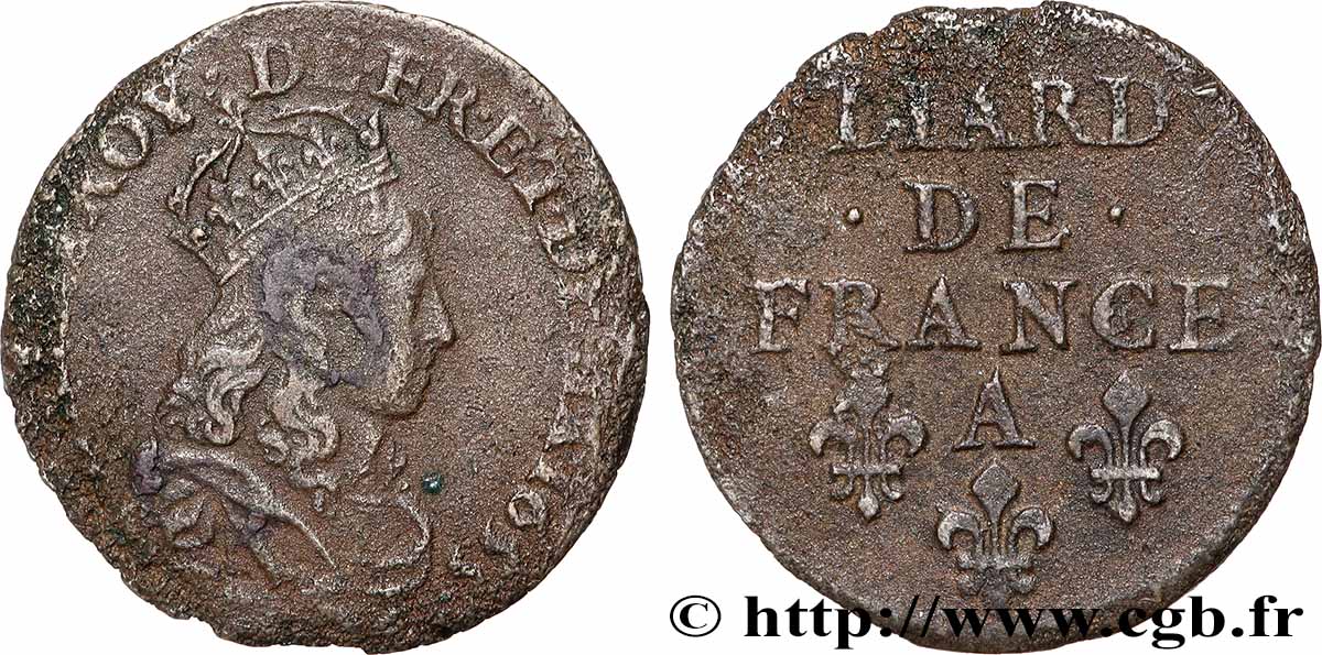 LOUIS XIV &nbsp;THE SUN KING&nbsp; Liard de cuivre 1655 Corbeil XF