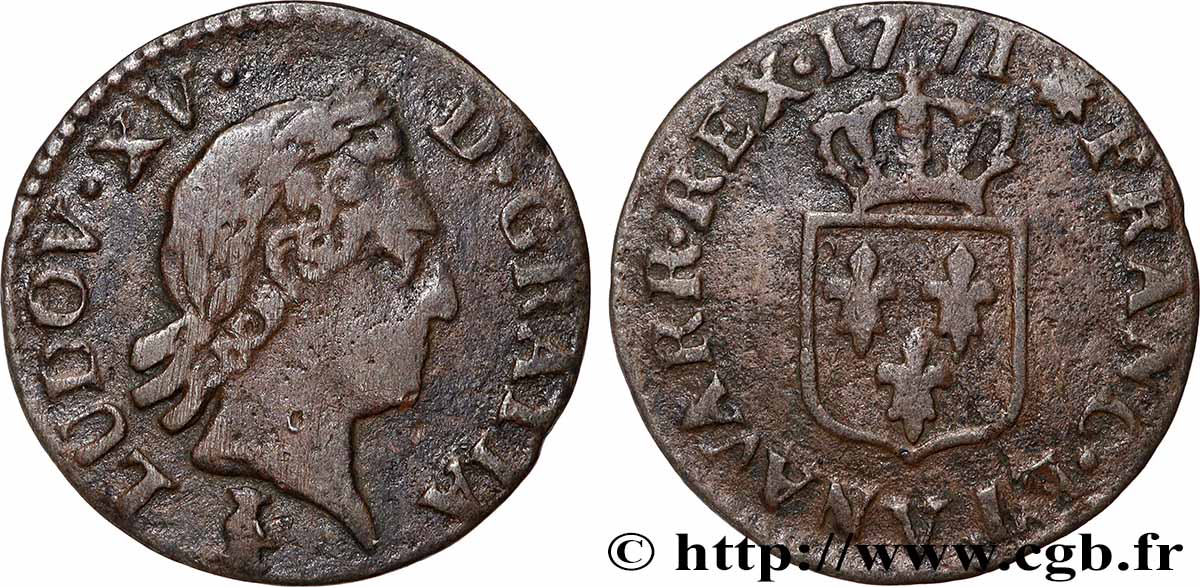 LOUIS XV &nbsp;THE WELL-BELOVED&nbsp; Liard dit &nbsp;à la vieille tête&nbsp; 1771 Troyes VF