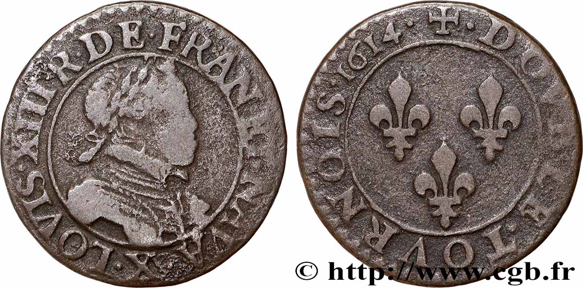 LOUIS XIII  Double tournois, type 1 1614 Amiens VF