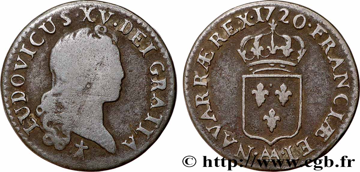 LOUIS XV &nbsp;THE WELL-BELOVED&nbsp; Liard au buste enfantin 1720 Metz VF