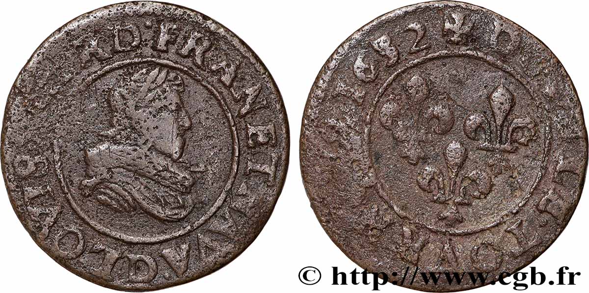 LOUIS XIII  Double tournois, type 8 1632 Lyon VF