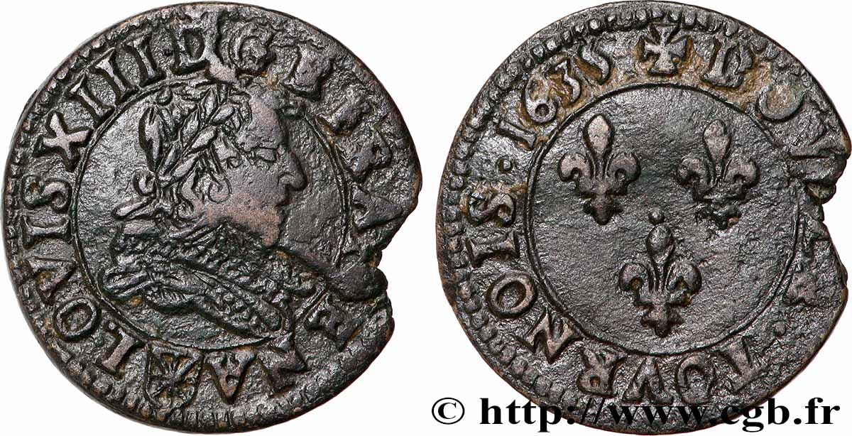 LOUIS XIII LE JUSTE Double tournois, type 1 1635 Saint-Palais TTB