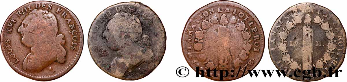 LOUIS XVI (MONARQUE CONSTITUTIONNEL)  12 deniers dit &nbsp;au faisceau&nbsp;, type FRANCOIS, lot de 2 ex. n.d. Ateliers divers lot