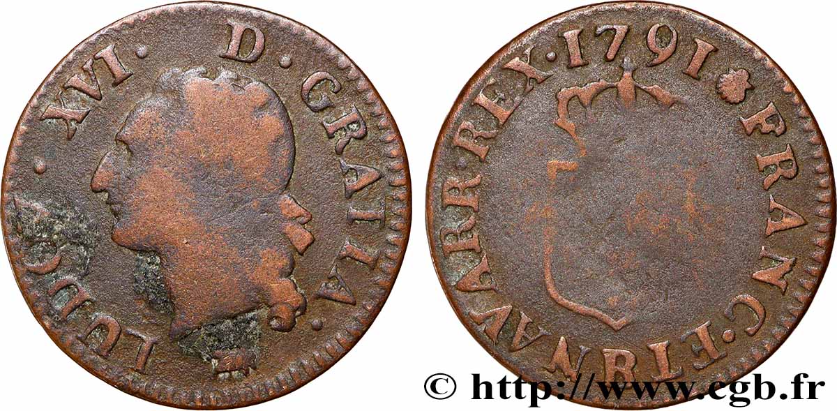LOUIS XVI Liard dit &nbsp;à l&nbsp;écu&nbsp; 1791 Rouen S