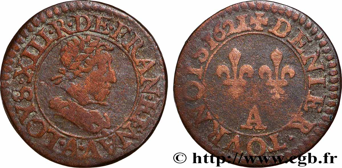 LOUIS XIII Denier tournois, type 1 1621 Paris VF