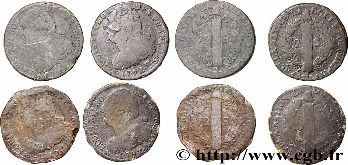 LOUIS XVI 2 sols dit &nbsp;au faisceau&nbsp;, types divers, lot de 4 ex. n.d. Ateliers divers lot