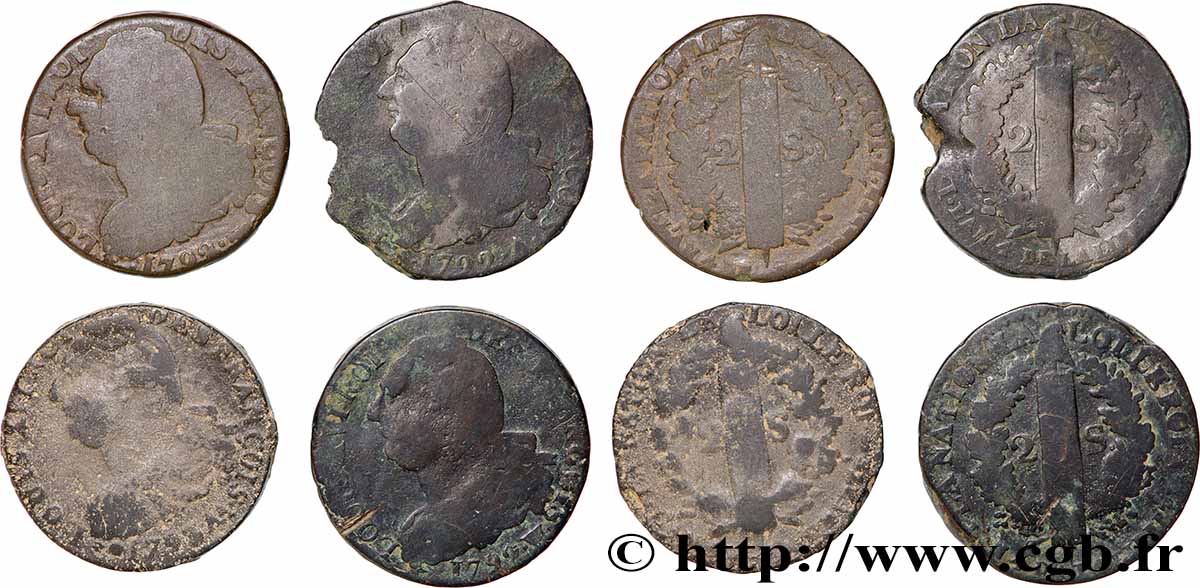 LOUIS XVI 2 sols dit &nbsp;au faisceau&nbsp;, types divers, lot de 4 ex. n.d. Ateliers divers lot