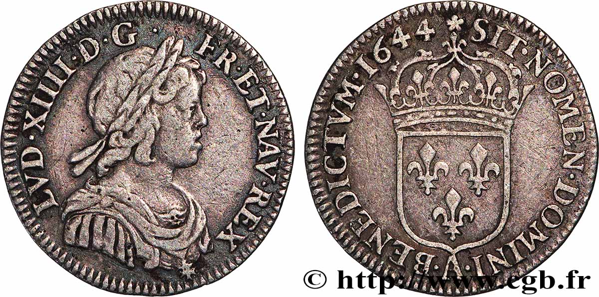 LOUIS XIV &nbsp;THE SUN KING&nbsp; Douzième d&nbsp;écu, portrait à la mèche courte 1644 Paris, Monnaie de Matignon XF