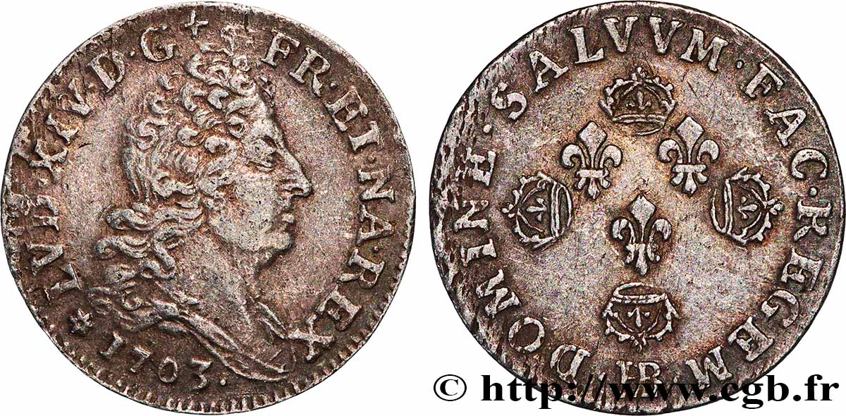 LOUIS XIV &nbsp;THE SUN KING&nbsp; Dix sols aux quatre couronnes 1703 Strasbourg XF