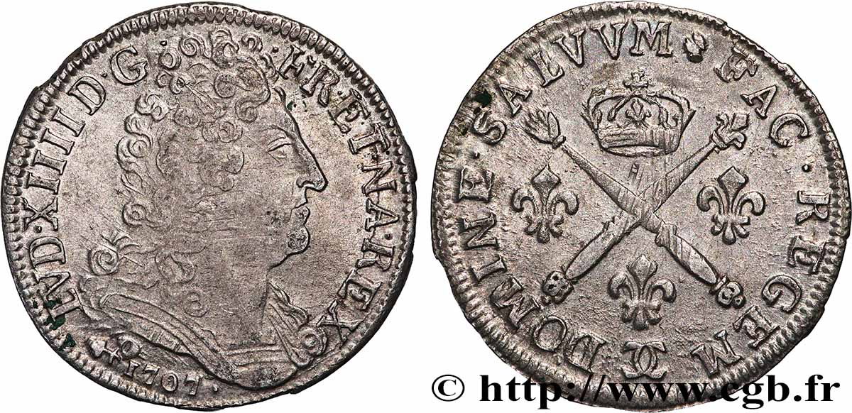 LOUIS XIV LE GRAND OU LE ROI SOLEIL 20 sols aux insignes 1707 Besançon TTB
