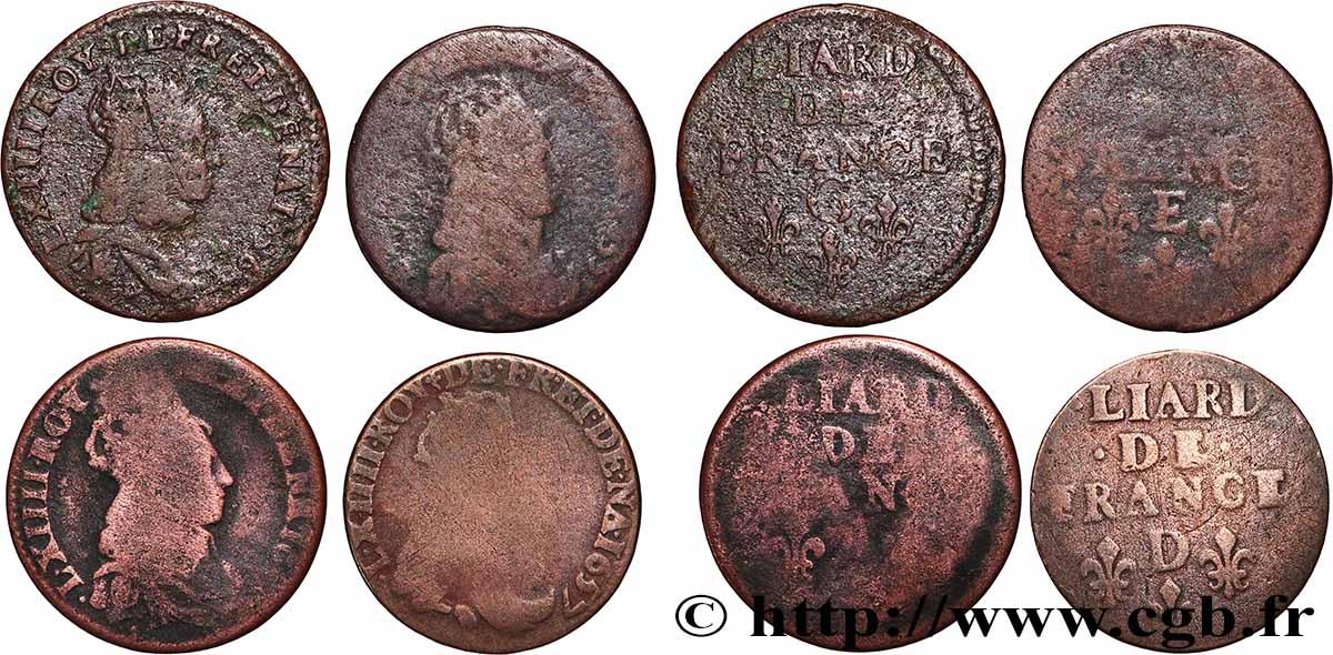 LOUIS XIV &nbsp;THE SUN KING&nbsp; Liard de cuivre “à la tête couronnée”, lot de 4 ex. n.d. Ateliers divers lot