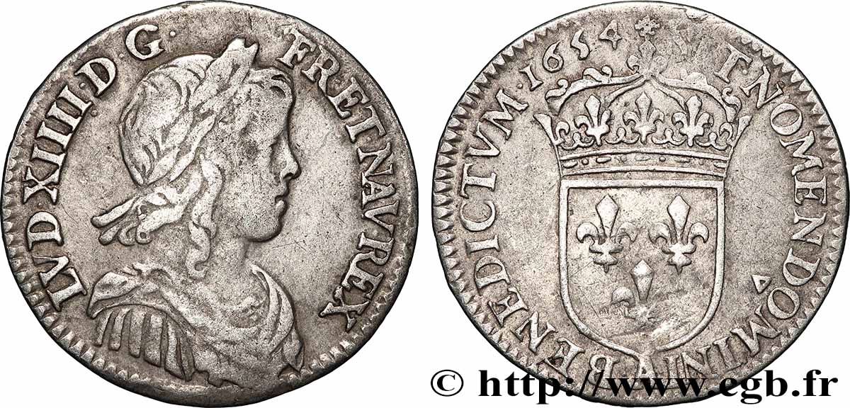 LOUIS XIV &nbsp;THE SUN KING&nbsp; Douzième d&nbsp;écu, portrait à la mèche longue 1654 Paris fSS/SS