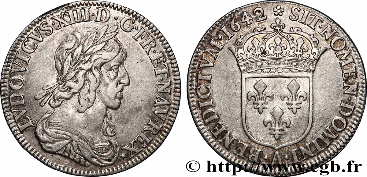 LOUIS XIII  Quart d&nbsp;écu, buste drapé et cuirassé (2e buste de Jean Warin) 1642 Paris, Monnaie de Matignon AU/AU
