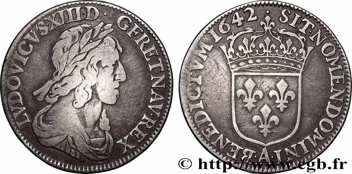LOUIS XIII Quart d&nbsp;écu, buste drapé et cuirassé (2e buste de Jean Warin) 1642 Paris, Monnaie du Louvre VF/XF