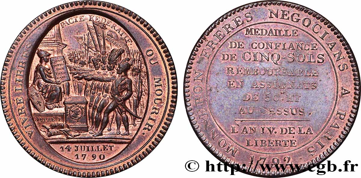 CONFIANCE (MONNAIES DE...) Monneron de 5 sols au serment (An IV), 3e type 1792 Birmingham, Soho SPL