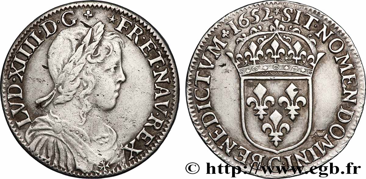 LOUIS XIV &nbsp;THE SUN KING&nbsp; Demi-écu, portrait à la mèche longue 1652 Saint-Lô fSS/VZ