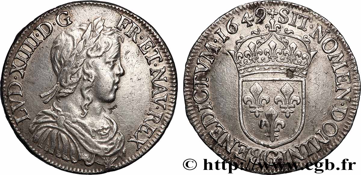 LOUIS XIV &nbsp;THE SUN KING&nbsp; Demi-écu, portrait à la mèche longue 1649 Poitiers AU