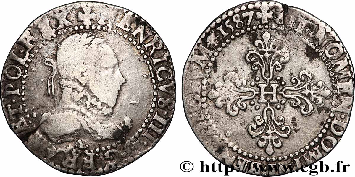 HENRY III Demi-franc au col gaufré 1587 Paris VF/XF