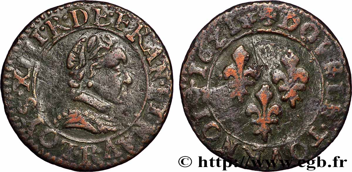LOUIS XIII LE JUSTE Double tournois, type 3 1621 Saint-André de Villeneuve-lès-Avignon TTB/TB+