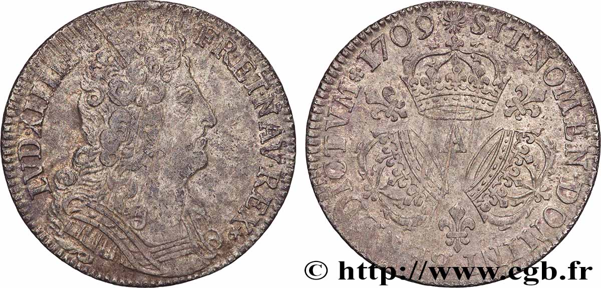 LOUIS XIV &nbsp;THE SUN KING&nbsp; Quart d&nbsp;écu aux trois couronnes 1709 Paris XF