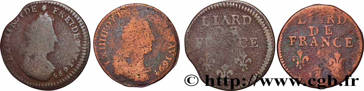 LOUIS XIV &nbsp;THE SUN KING&nbsp; Liard, 3e type, buste âgé, lot de 2 ex. s.m. Ateliers divers lot