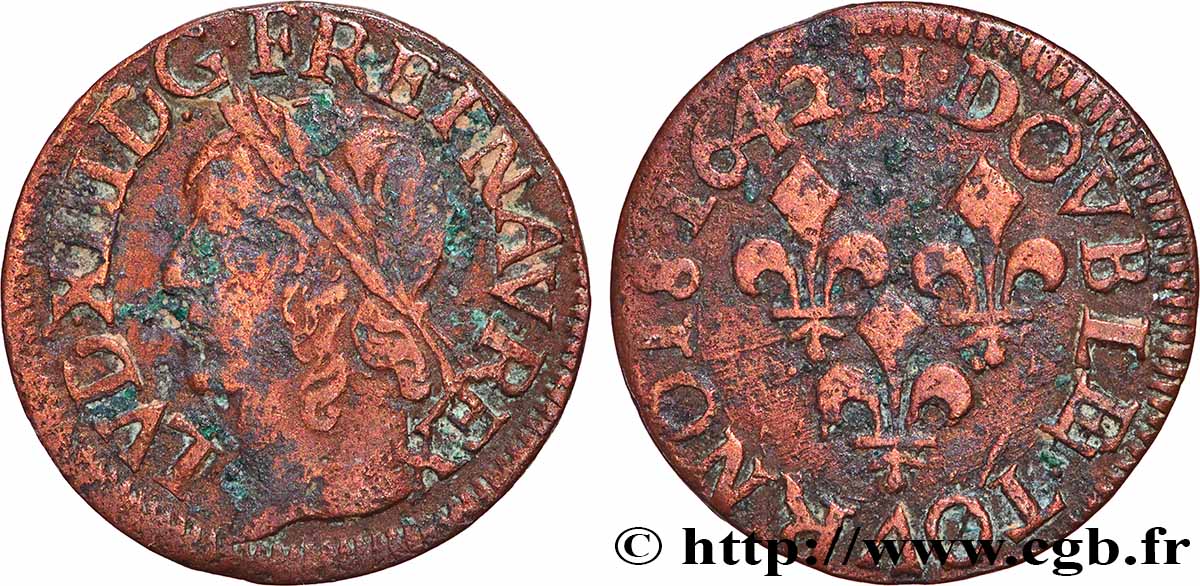 LOUIS XIII Double tournois, type de Warin 1642 La Rochelle XF