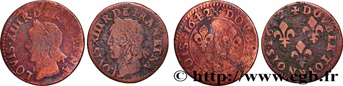 LOUIS XIII Lot de 2 double tournois, type de Warin 1642  lot